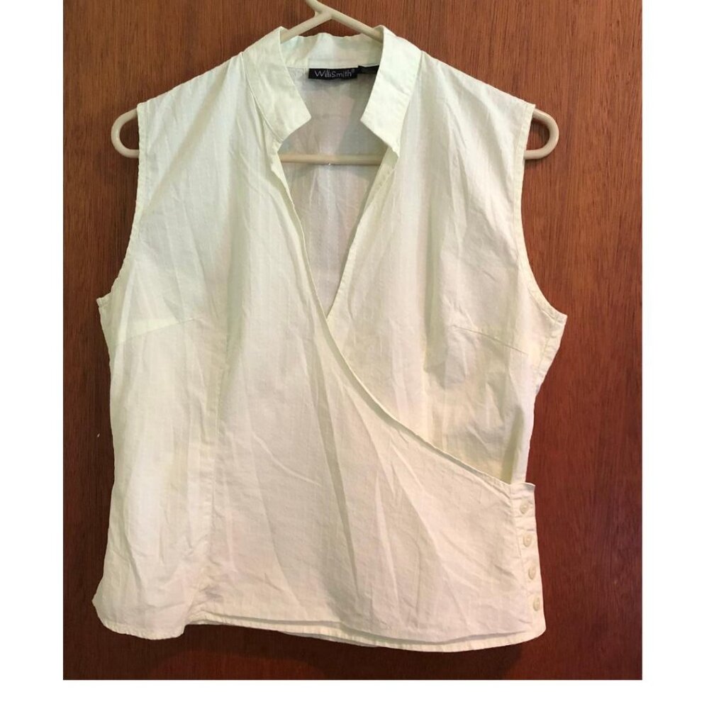 Willi Smith, Pale Lime Green, Sleeveless, 100% Cotton, Wrap Blouse, Sz Medium